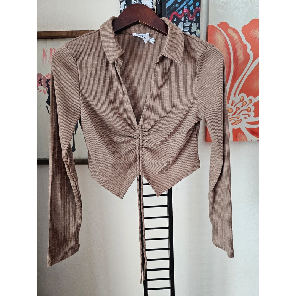 Princess Polly Tan Ribbed Ruched Front Long Sleeve Crop Top US 8